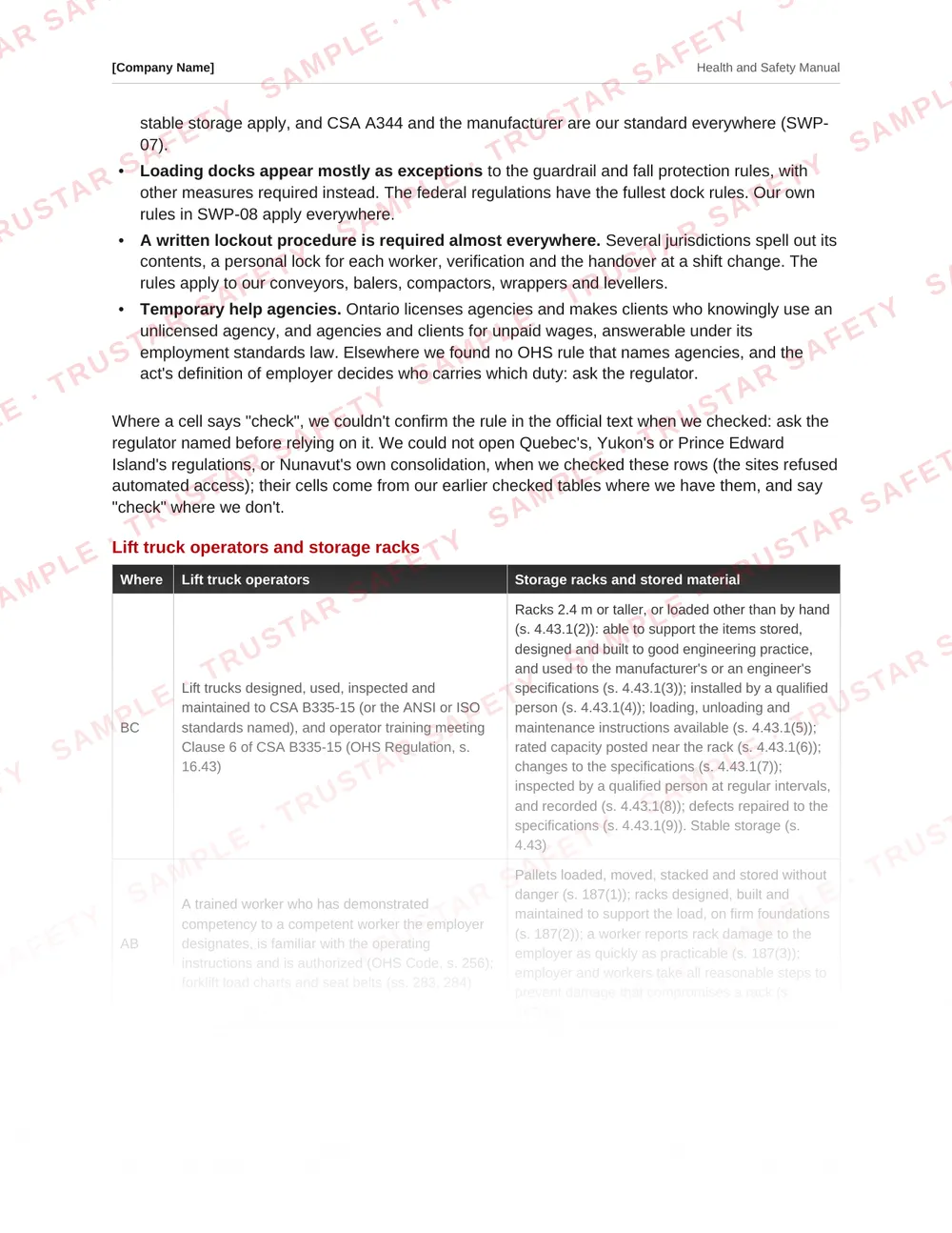Table of each Canadian jurisdiction's lift truck and storage rack rules from the warehousing and distribution safety manual template