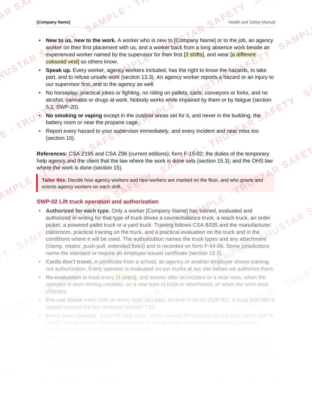 The lift truck operation and authorization safe work practice from the warehousing and distribution safety manual template