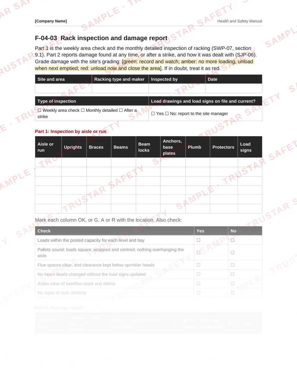 Rack inspection and damage report form from the warehousing and distribution safety manual template