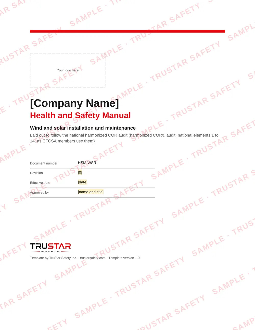 Cover of the wind and solar safety manual template, with a logo box and the company name field