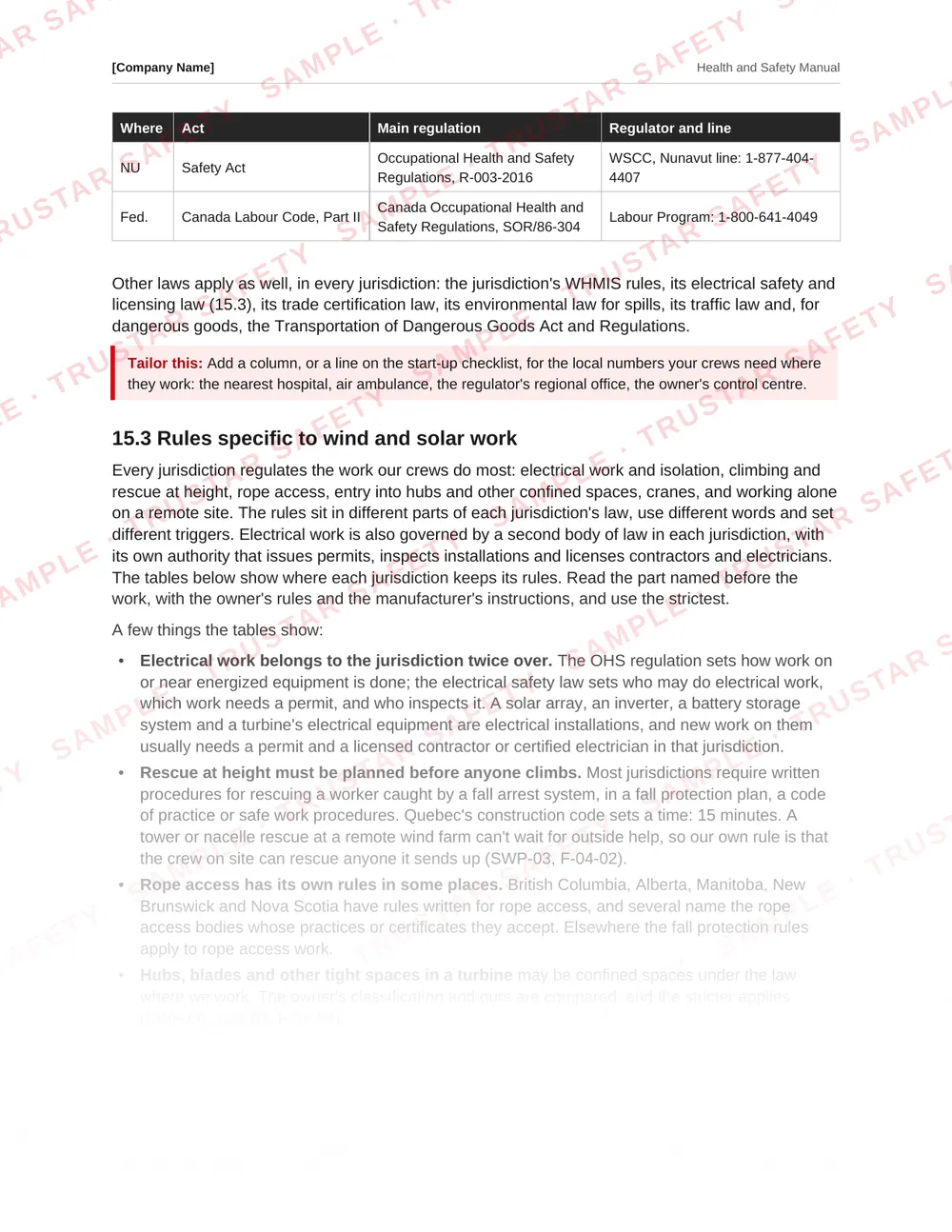 Table of each Canadian jurisdiction's wind and solar rules from the wind and solar safety manual template