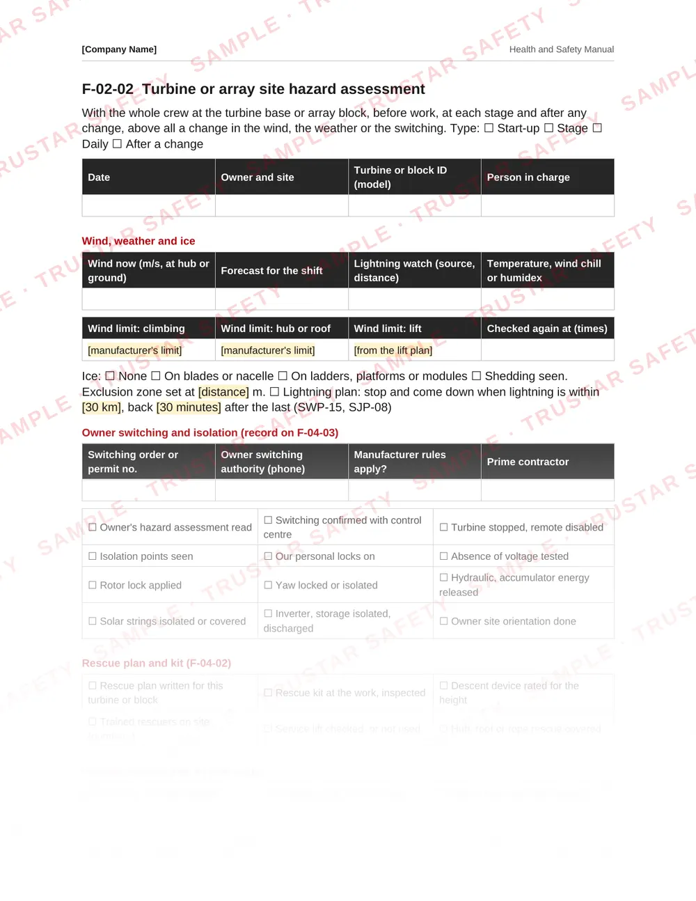 Rescue and evacuation plan from the wind and solar safety manual template