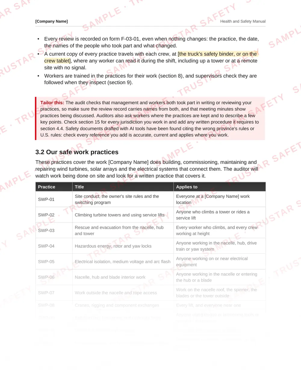 The rescue and evacuation safe work practice from the wind and solar safety manual template