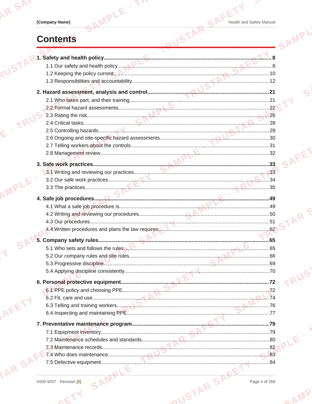 Table of contents of the waste and recycling safety manual template