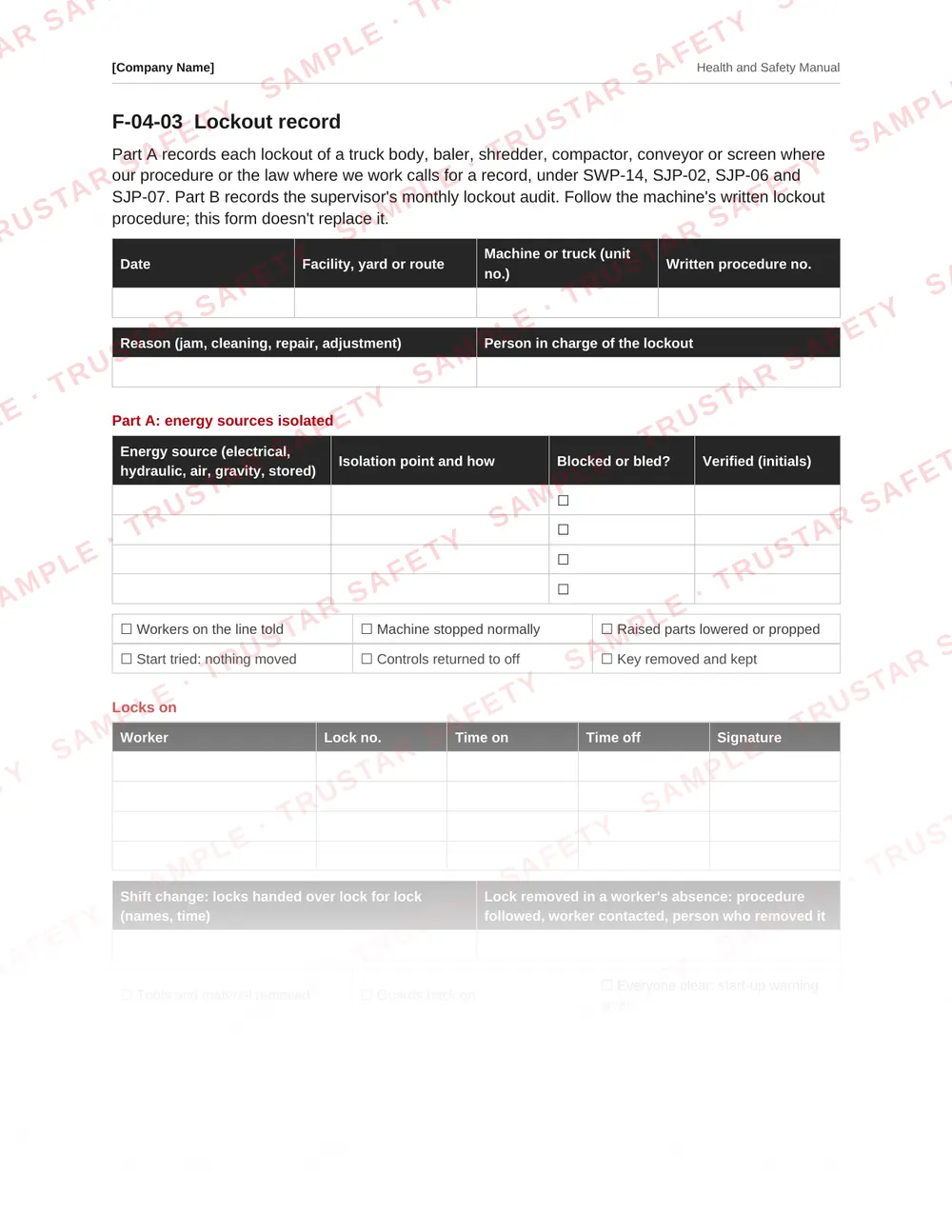 Lockout record and lockout audit form from the waste and recycling safety manual template
