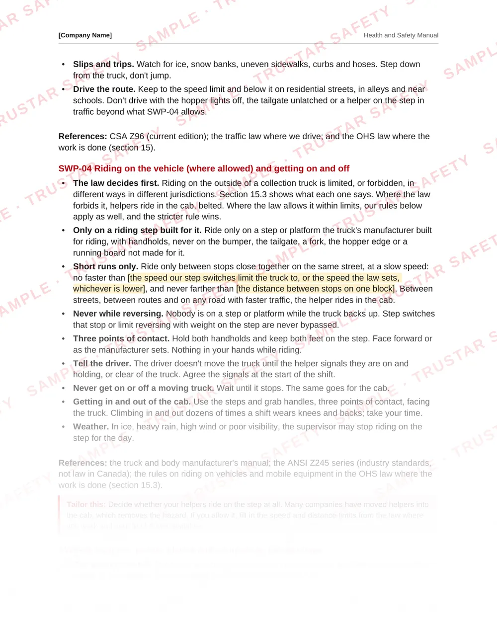 The riding on the vehicle safe work practice from the waste and recycling safety manual template