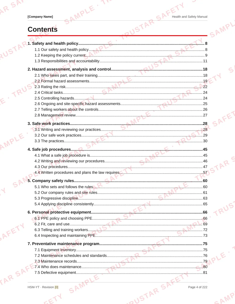 Table of contents of the Yukon COR safety manual template, laid out by NSNY COR audit element including the Yukon supplement