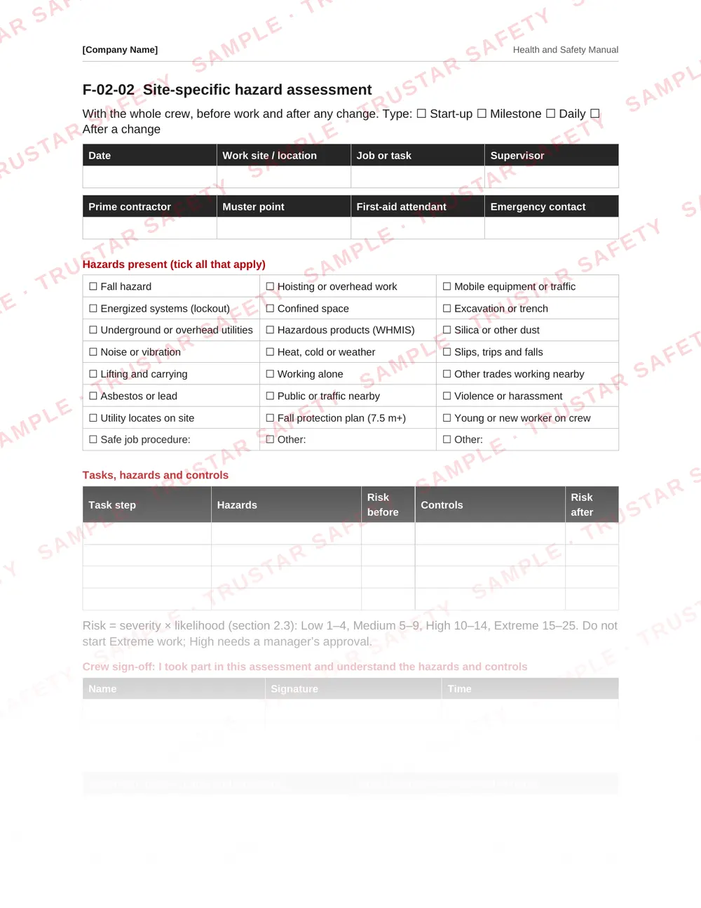 Site-specific hazard assessment form from the Yukon safety manual template