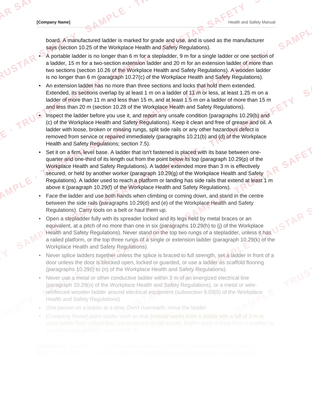 The portable ladders safe work practice from the Yukon safety manual template, each rule cited to the Workplace Health and Safety Regulations