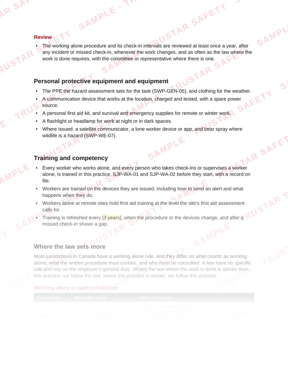 Working alone in each jurisdiction: the law table from SWP-WA-01 Working alone and check-ins