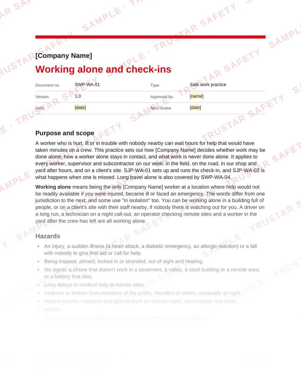 Page 1 of SWP-WA-01 Working alone and check-ins, a safe work practice in the Working alone, travel and wellbeing pack