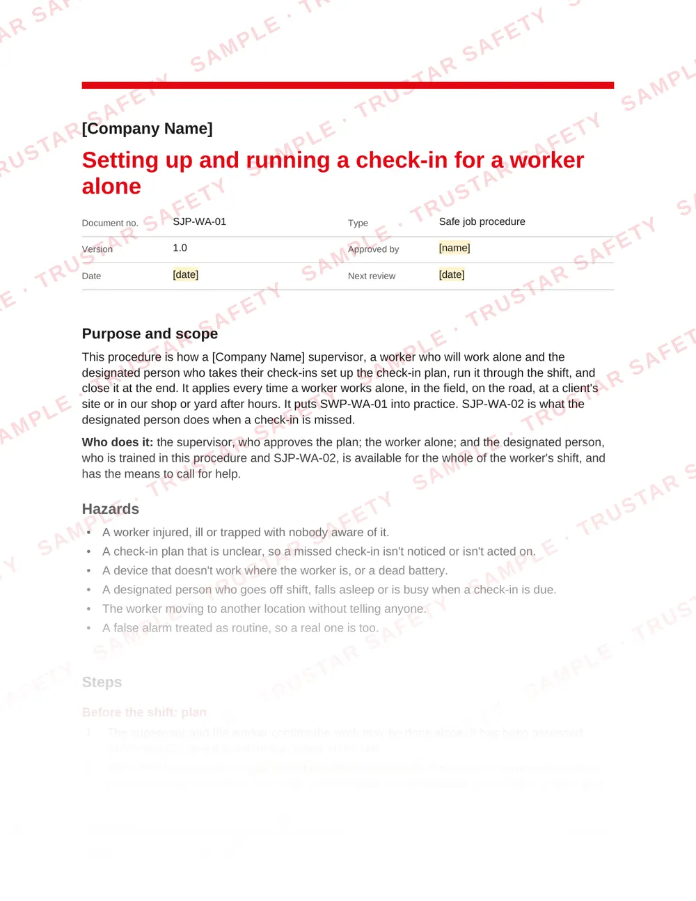 Page 1 of SJP-WA-01 Setting up and running a check-in for a worker alone, a safe job procedure in the Working alone, travel and wellbeing pack