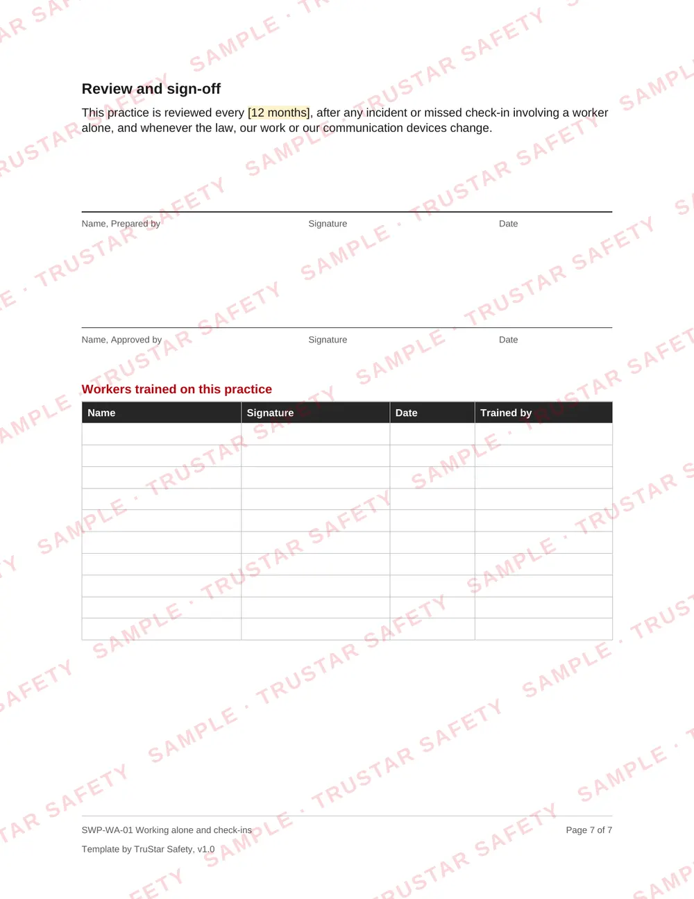 Review and sign-off page of SWP-WA-01 Working alone and check-ins, with the workers trained table