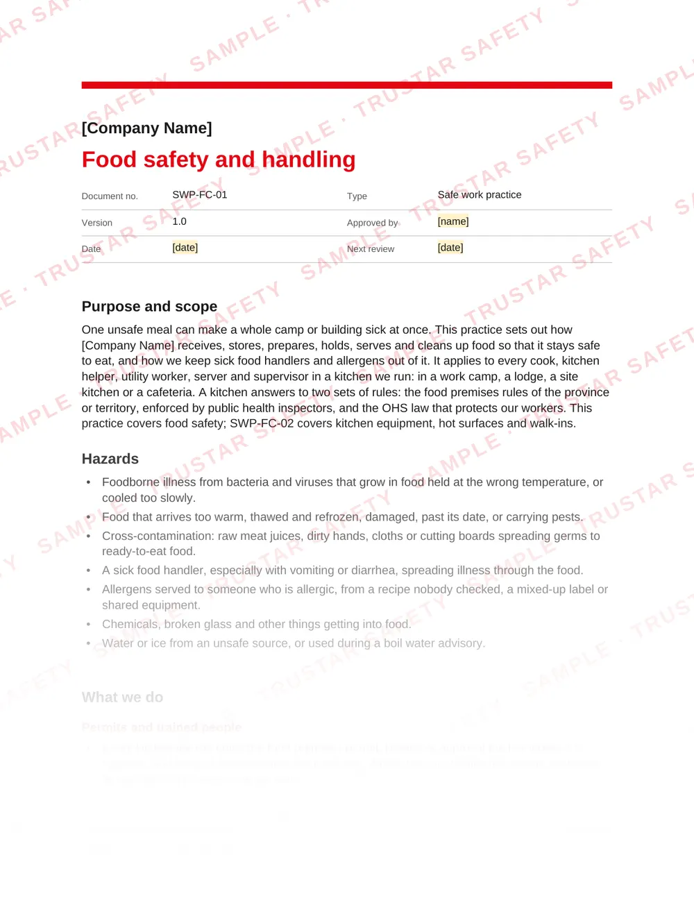 Page 1 of SWP-FC-01 Food safety and handling, a safe work practice in the Camps, kitchens and building services pack