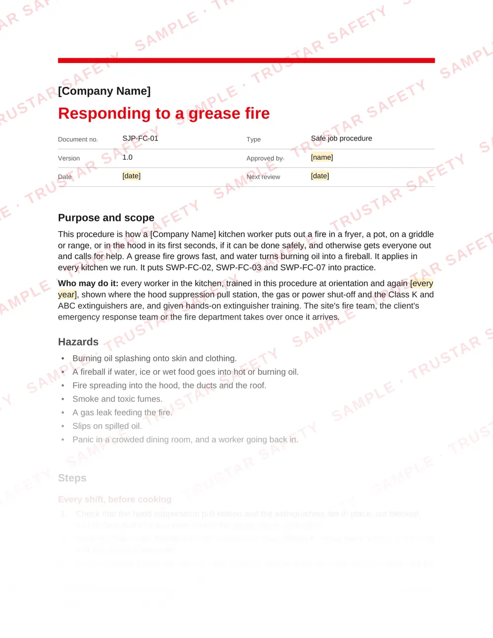 Page 1 of SJP-FC-01 Responding to a grease fire, a safe job procedure in the Camps, kitchens and building services pack