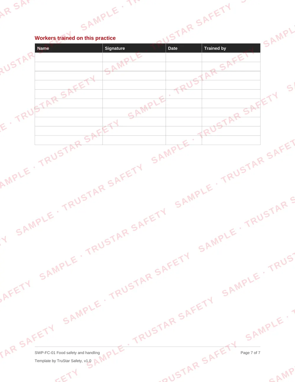 Review and sign-off page of SWP-FC-01 Food safety and handling, with the workers trained table