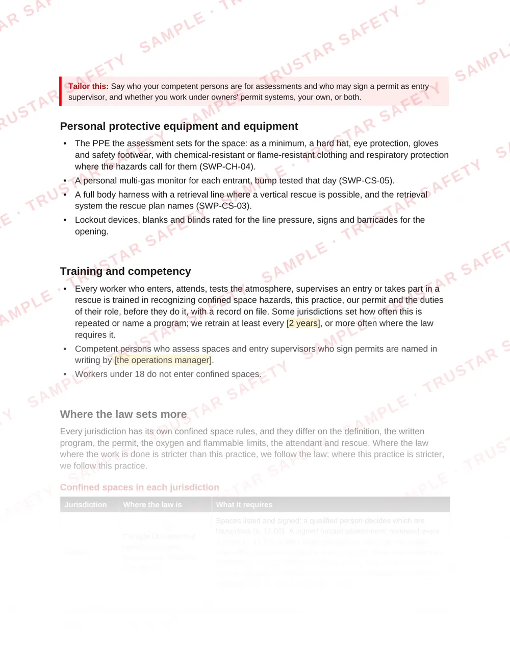 Confined spaces in each jurisdiction: the law table from SWP-CS-01 Confined spaces: identification, hazard assessment and entry permits
