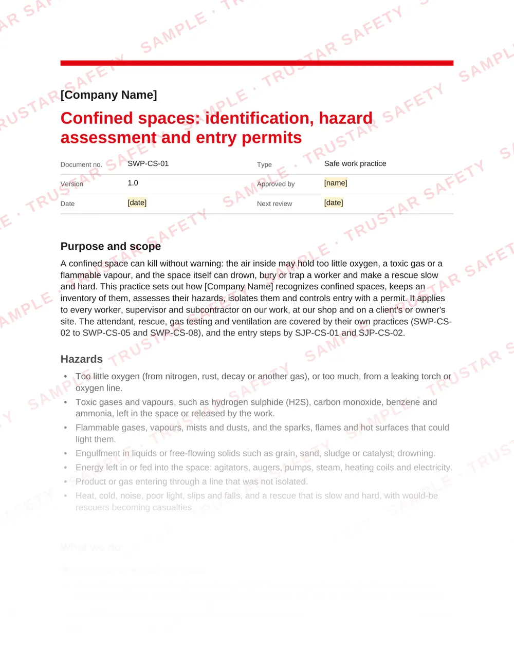 Page 1 of SWP-CS-01 Confined spaces: identification, hazard assessment and entry permits, a safe work practice in the Confined spaces and atmospheres pack