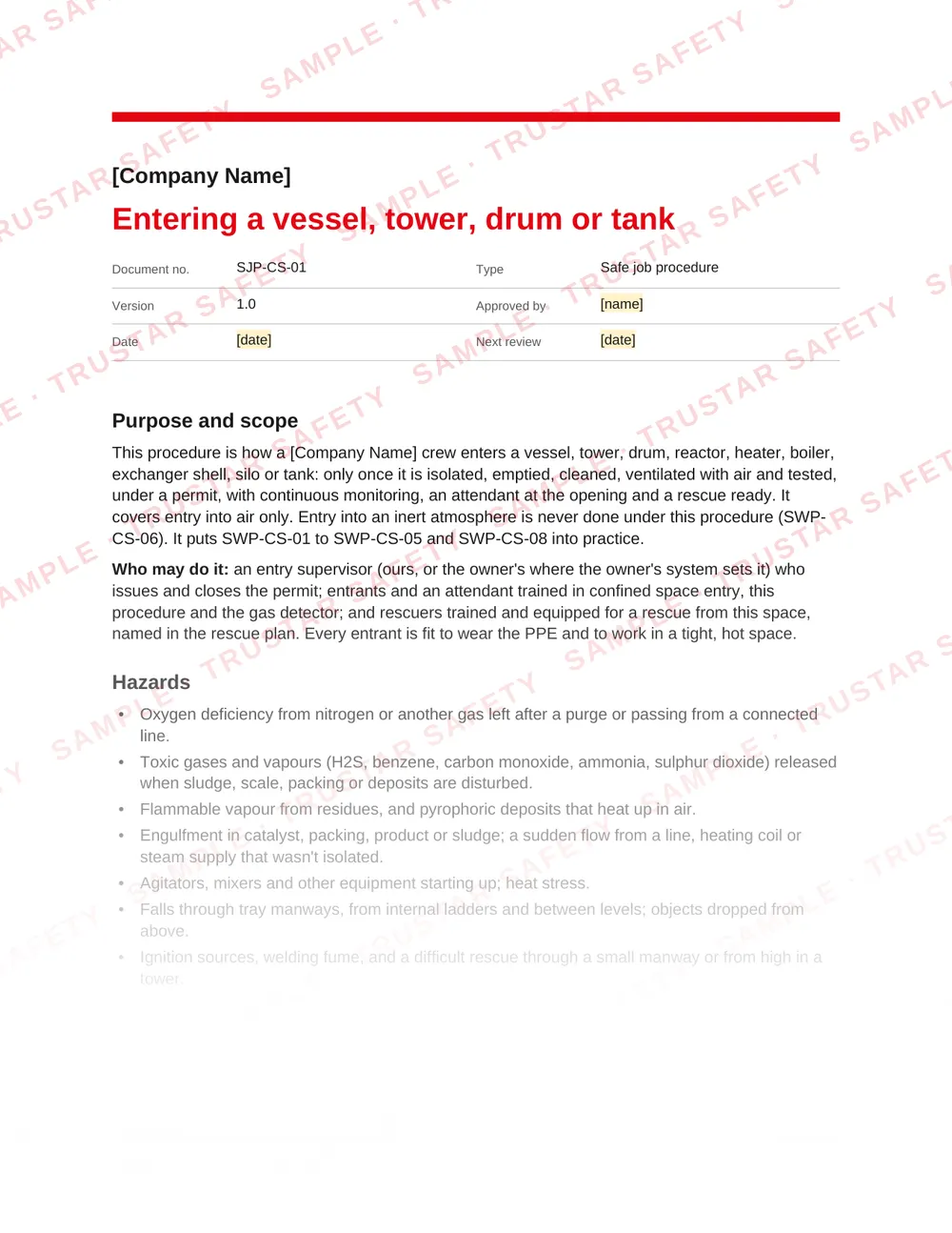 Page 1 of SJP-CS-01 Entering a vessel, tower, drum or tank, a safe job procedure in the Confined spaces and atmospheres pack