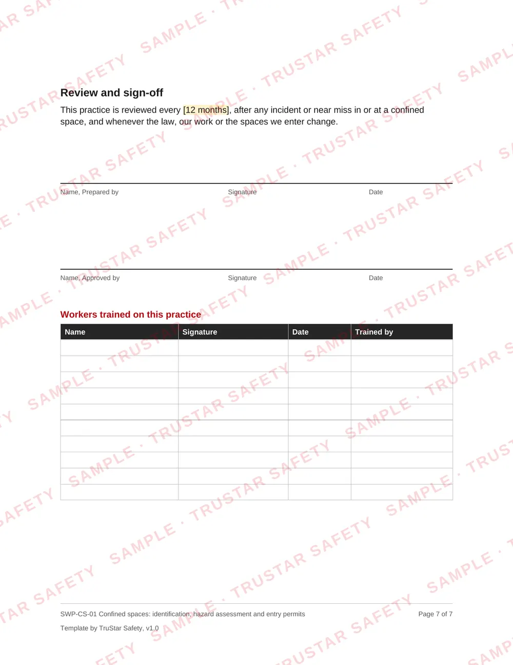 Review and sign-off page of SWP-CS-01 Confined spaces: identification, hazard assessment and entry permits, with the workers trained table