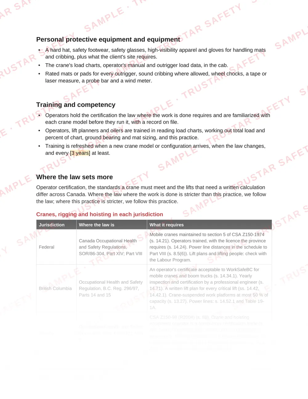 Cranes, rigging and hoisting in each jurisdiction: the law table from SWP-CR-01 Crane selection, capacity and set-up