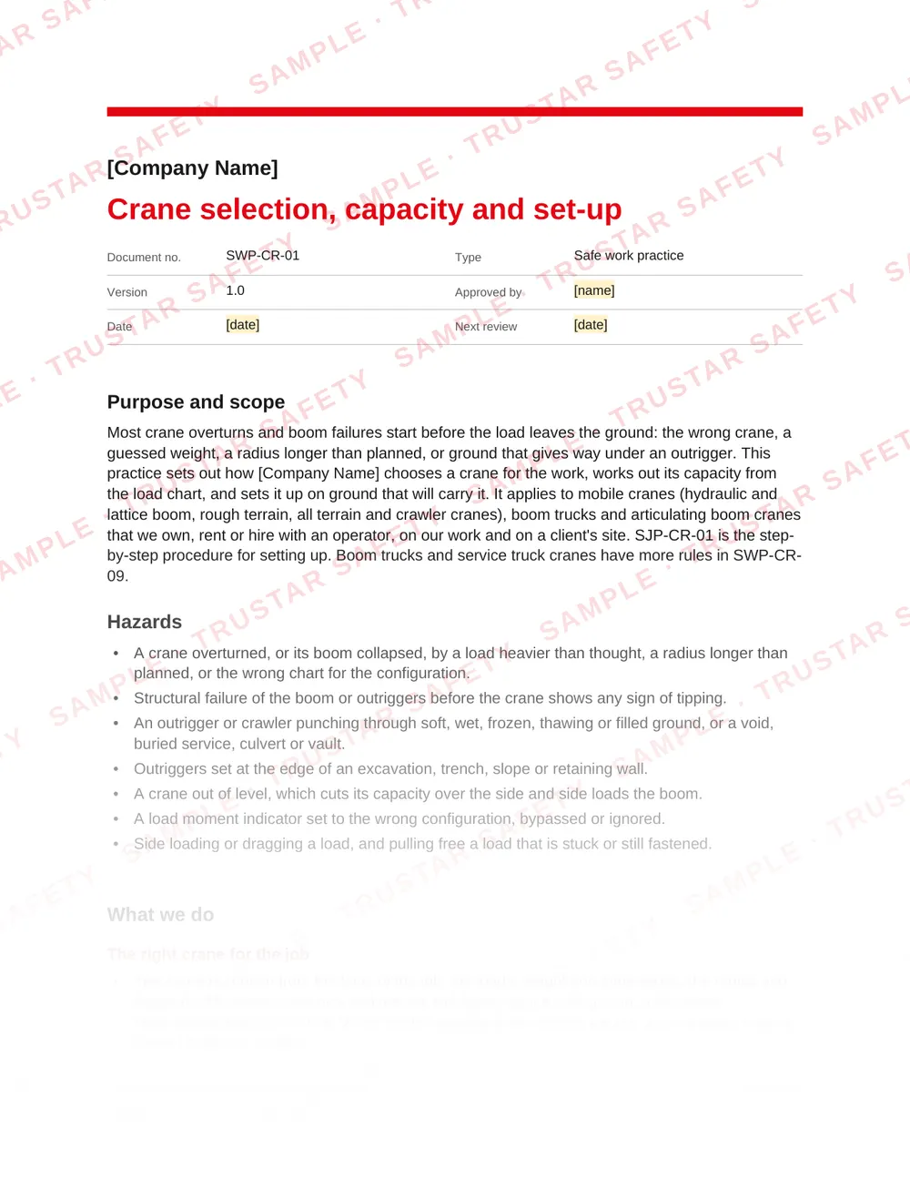 Page 1 of SWP-CR-01 Crane selection, capacity and set-up, a safe work practice in the Cranes, rigging and hoisting pack