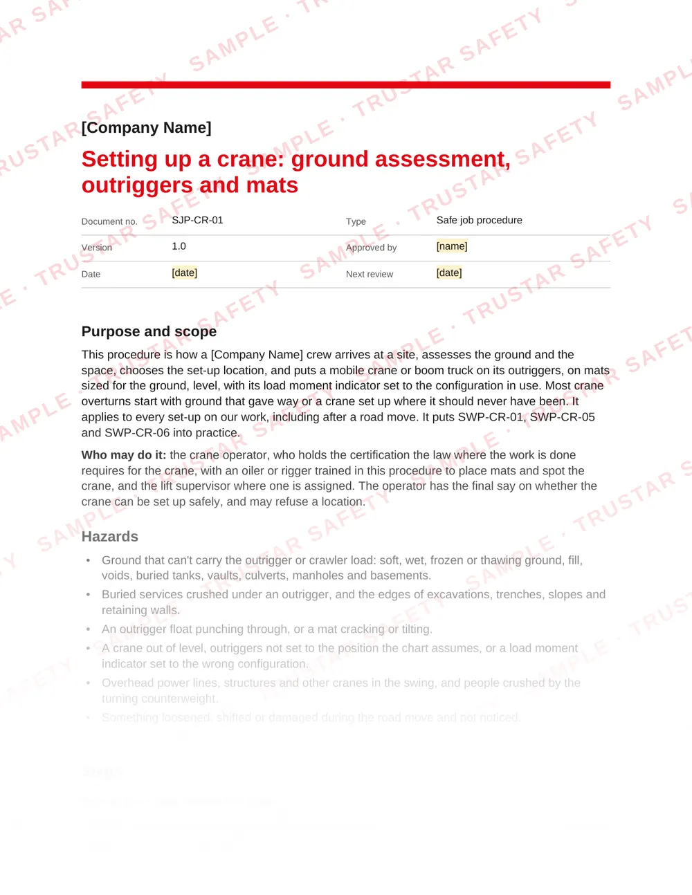 Page 1 of SJP-CR-01 Setting up a crane: ground assessment, outriggers and mats, a safe job procedure in the Cranes, rigging and hoisting pack
