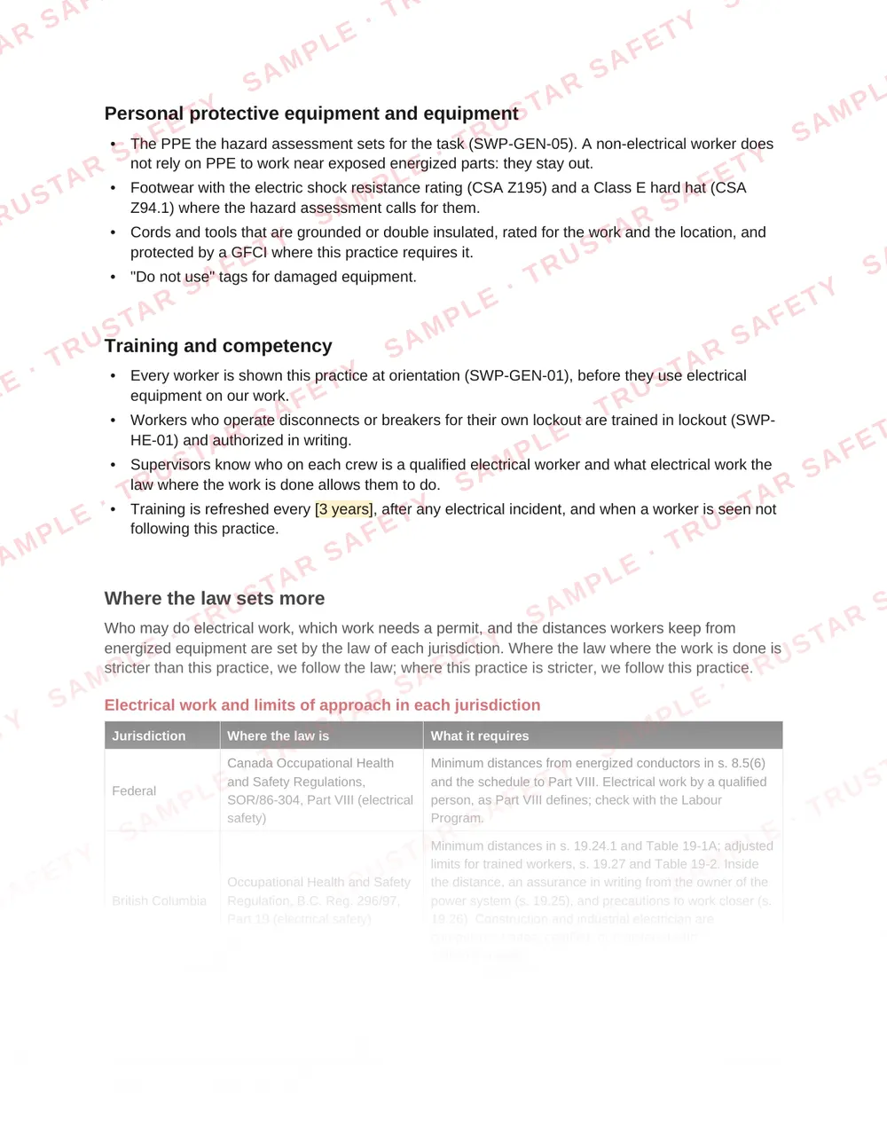 Electrical work and limits of approach in each jurisdiction: the law table from SWP-EL-01 Electrical safety for non-electrical workers