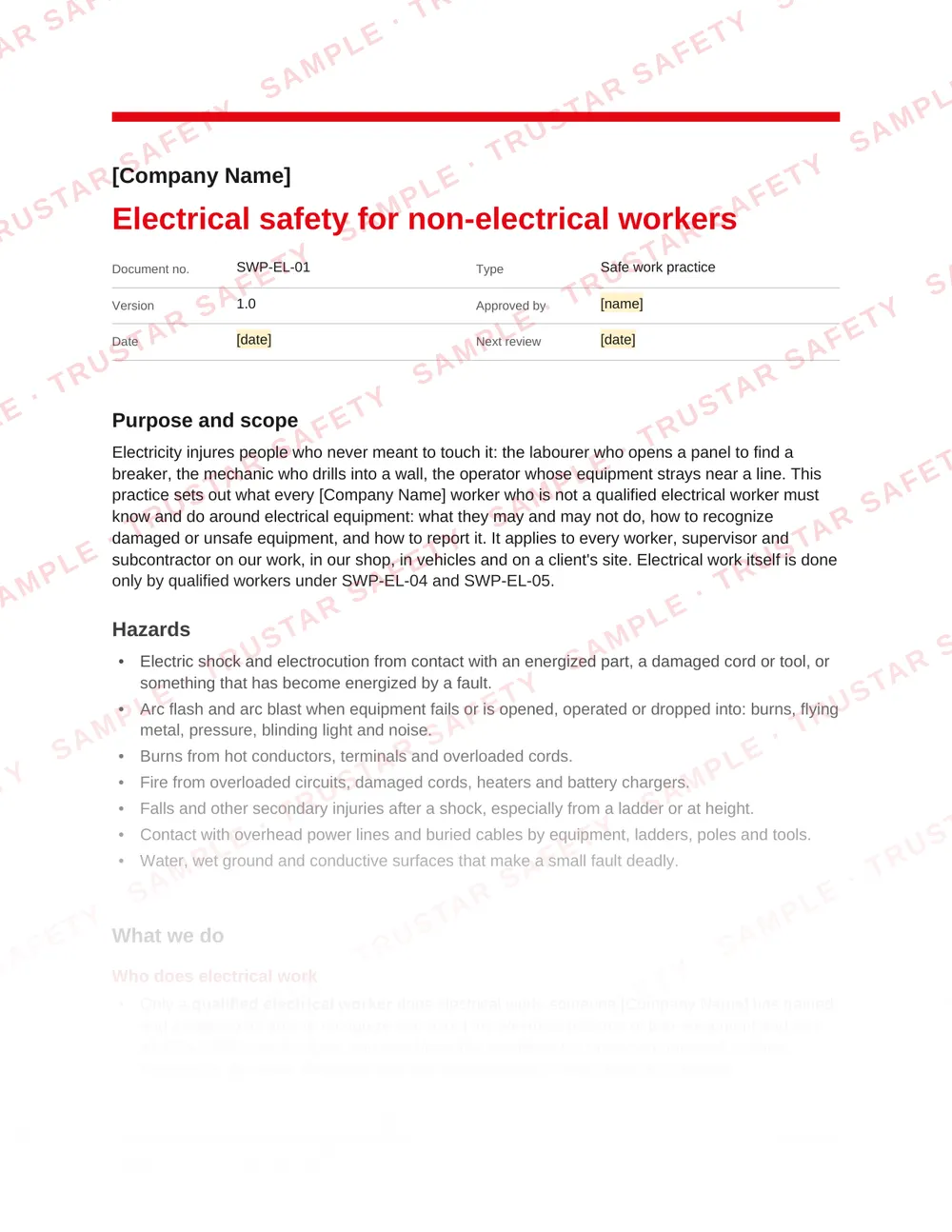 Page 1 of SWP-EL-01 Electrical safety for non-electrical workers, a safe work practice in the Electrical pack