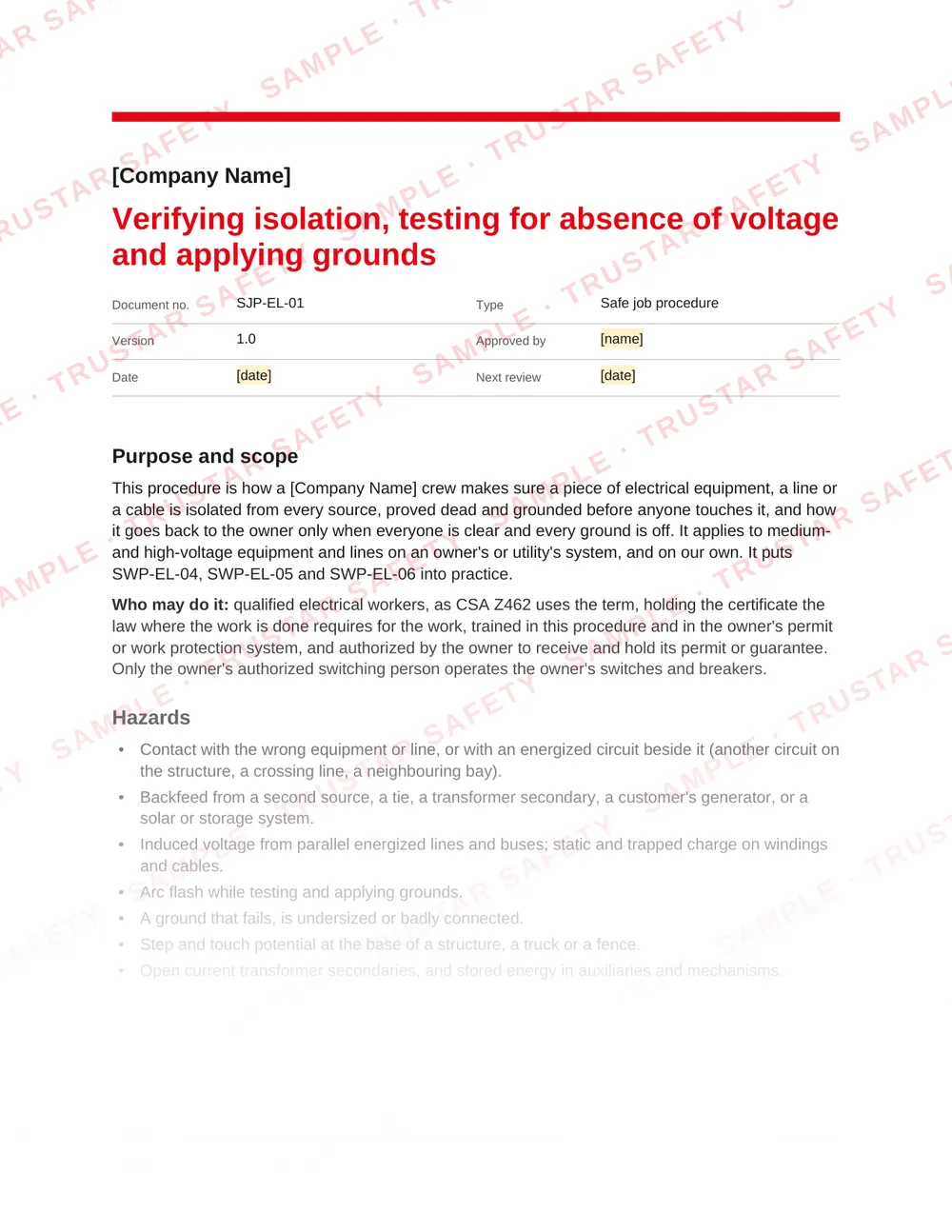 Page 1 of SJP-EL-01 Verifying isolation, testing for absence of voltage and applying grounds, a safe job procedure in the Electrical pack