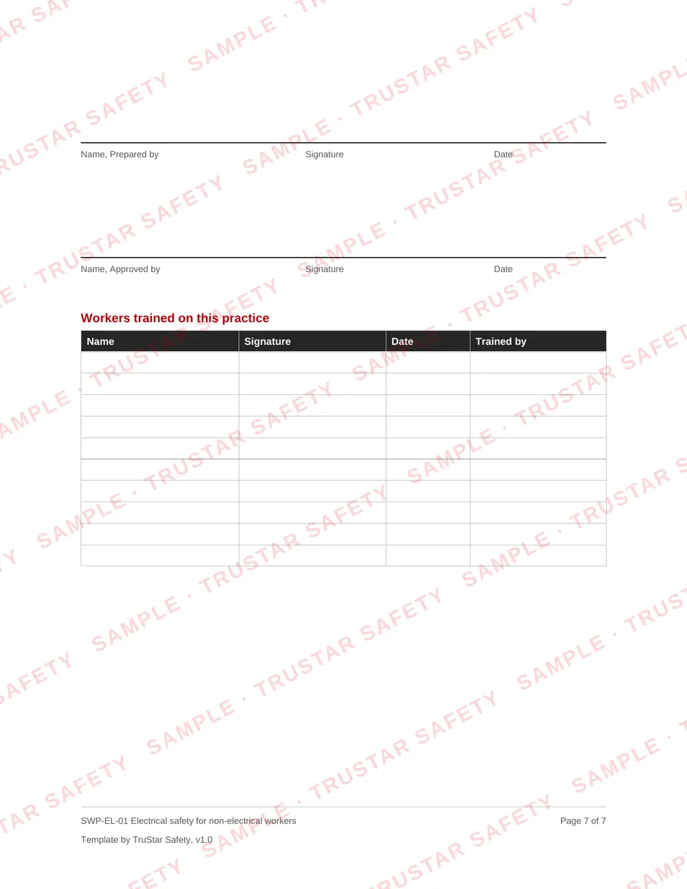Review and sign-off page of SWP-EL-01 Electrical safety for non-electrical workers, with the workers trained table