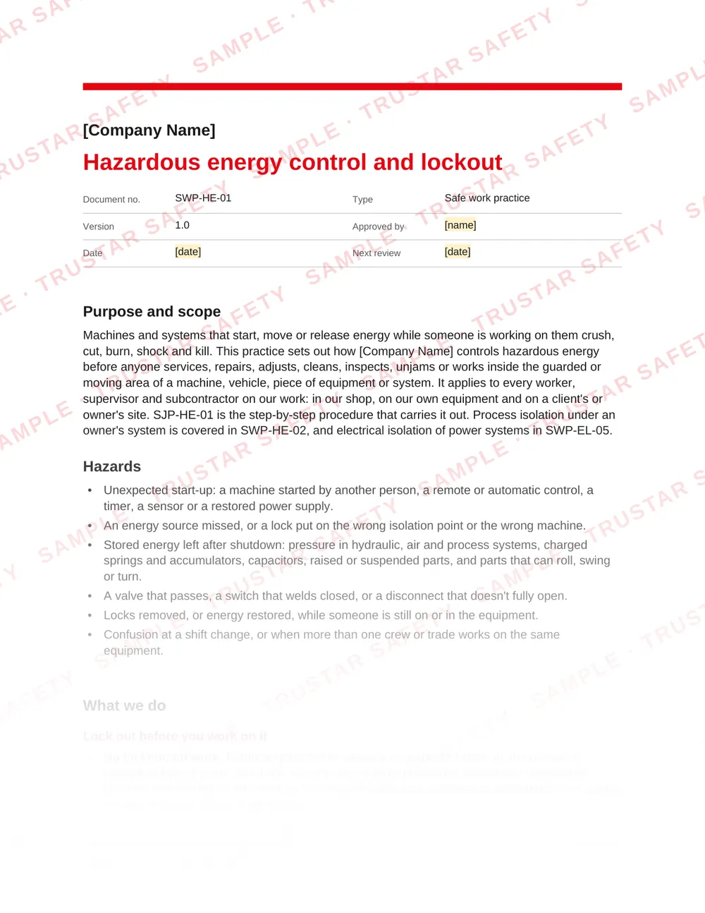 Page 1 of SWP-HE-01 Hazardous energy control and lockout, a safe work practice in the Hazardous energy and lockout pack