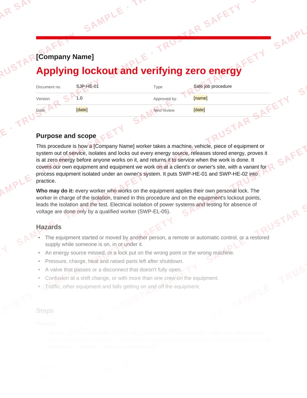 Page 1 of SJP-HE-01 Applying lockout and verifying zero energy, a safe job procedure in the Hazardous energy and lockout pack