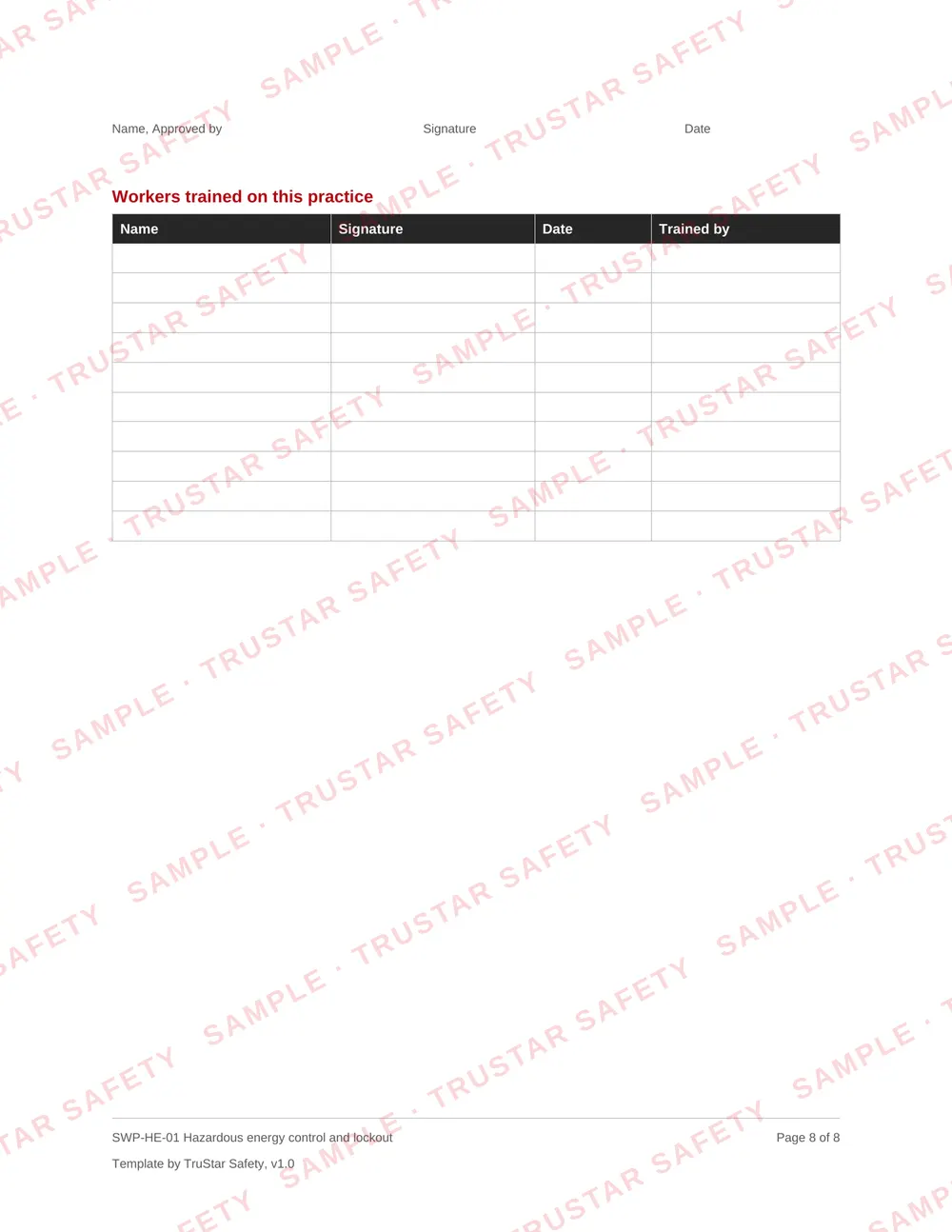 Review and sign-off page of SWP-HE-01 Hazardous energy control and lockout, with the workers trained table