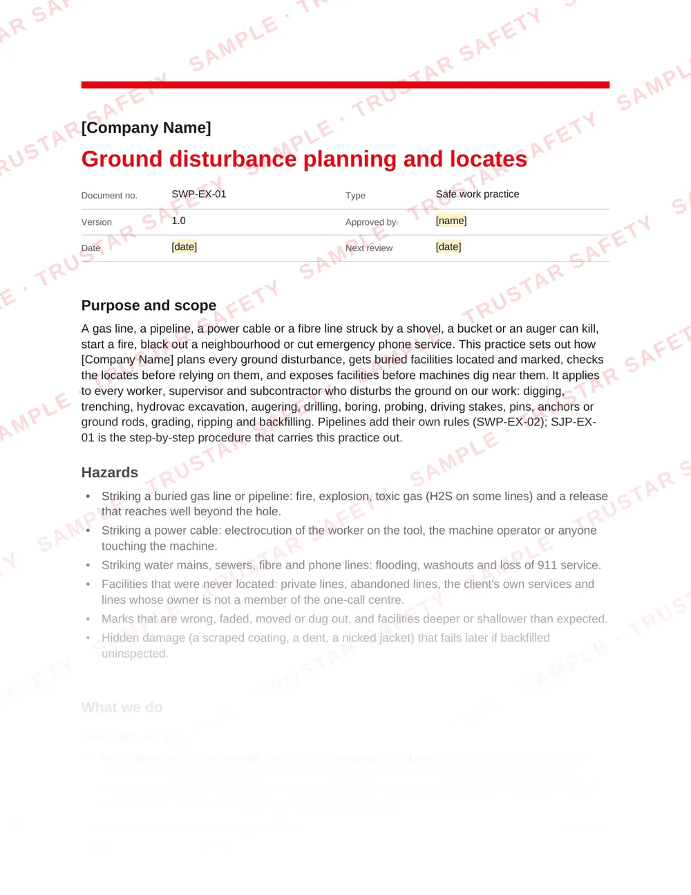 Page 1 of SWP-EX-01 Ground disturbance planning and locates, a safe work practice in the Excavation and ground disturbance pack