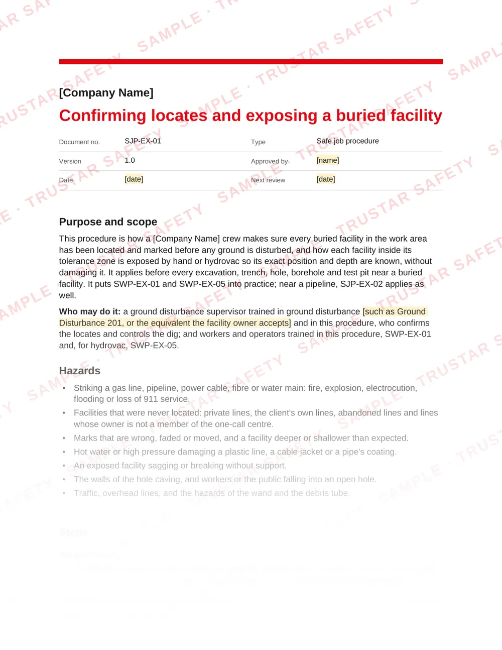 Page 1 of SJP-EX-01 Confirming locates and exposing a buried facility, a safe job procedure in the Excavation and ground disturbance pack
