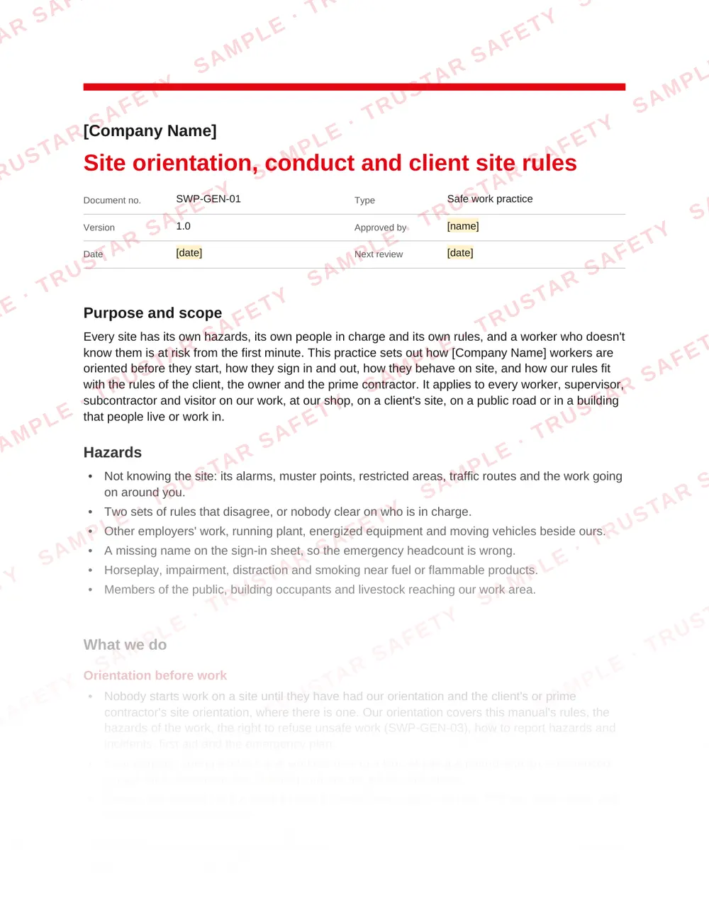 Page 1 of SWP-GEN-01 Site orientation, conduct and client site rules, a safe work practice in the General site rules and PPE pack