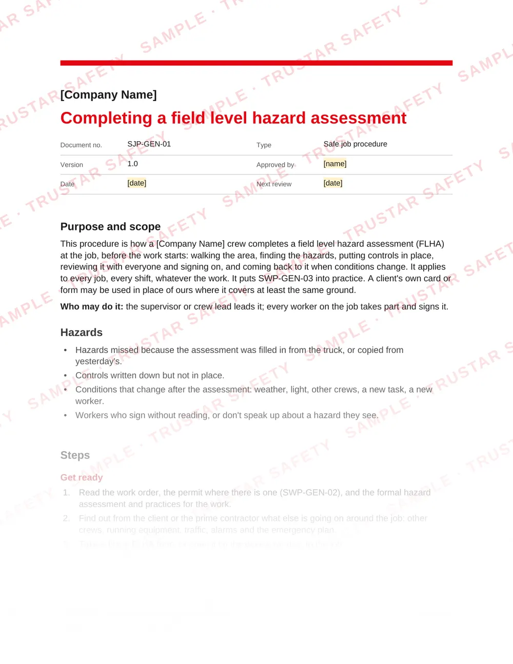 Page 1 of SJP-GEN-01 Completing a field level hazard assessment, a safe job procedure in the General site rules and PPE pack