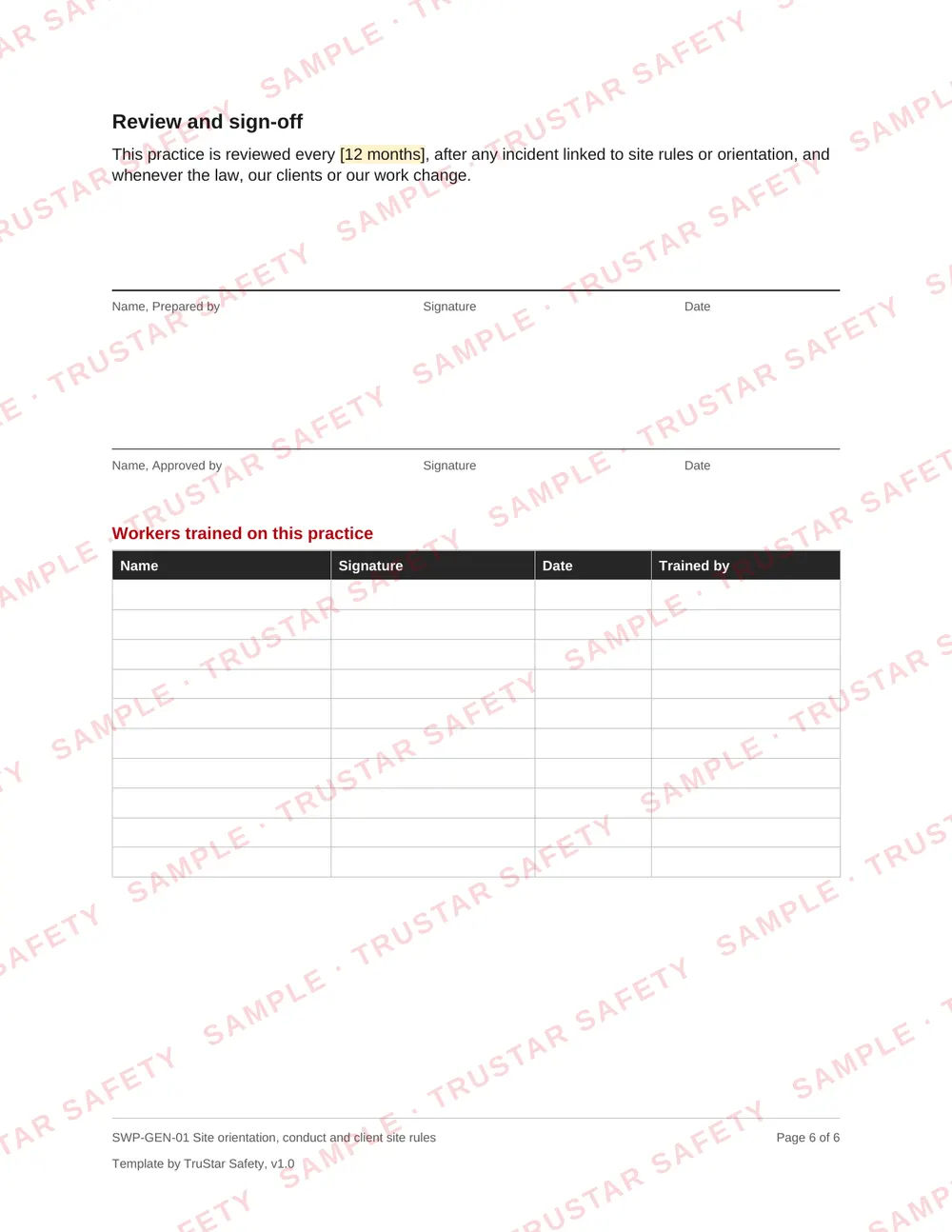 Review and sign-off page of SWP-GEN-01 Site orientation, conduct and client site rules, with the workers trained table