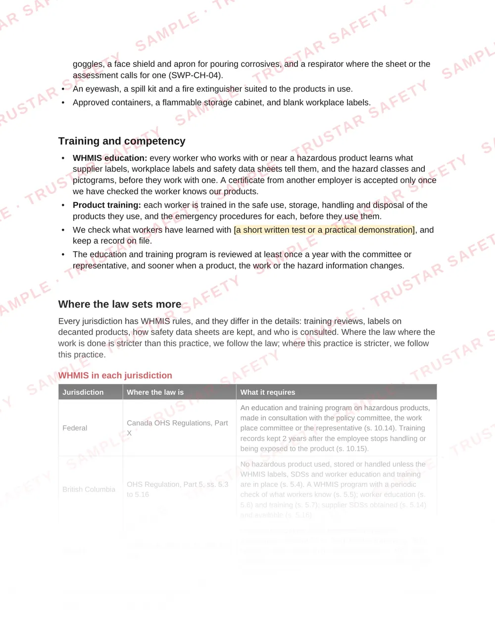 WHMIS in each jurisdiction: the law table from SWP-CH-01 WHMIS and hazardous products