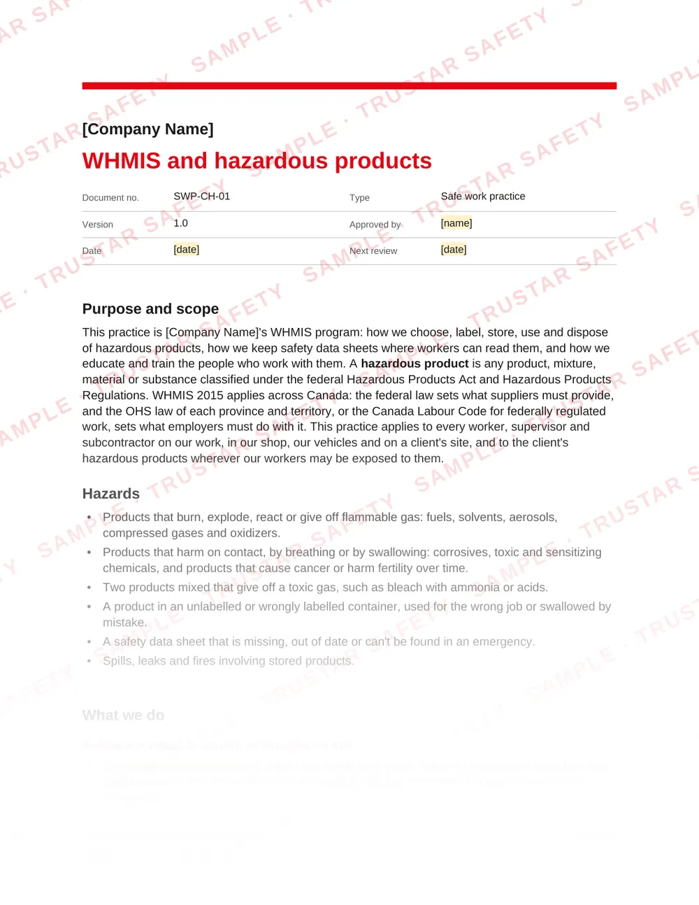 Page 1 of SWP-CH-01 WHMIS and hazardous products, a safe work practice in the Chemical and health hazards pack