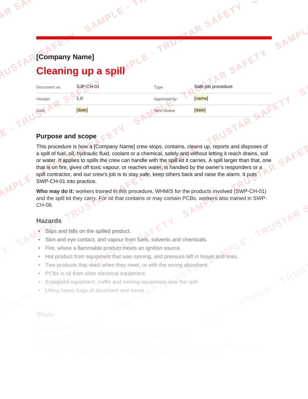 Page 1 of SJP-CH-01 Cleaning up a spill, a safe job procedure in the Chemical and health hazards pack