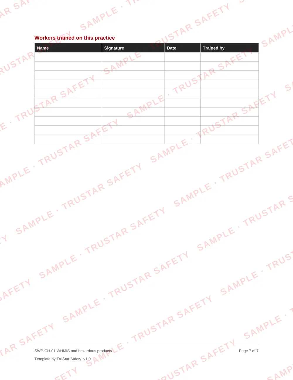 Review and sign-off page of SWP-CH-01 WHMIS and hazardous products, with the workers trained table