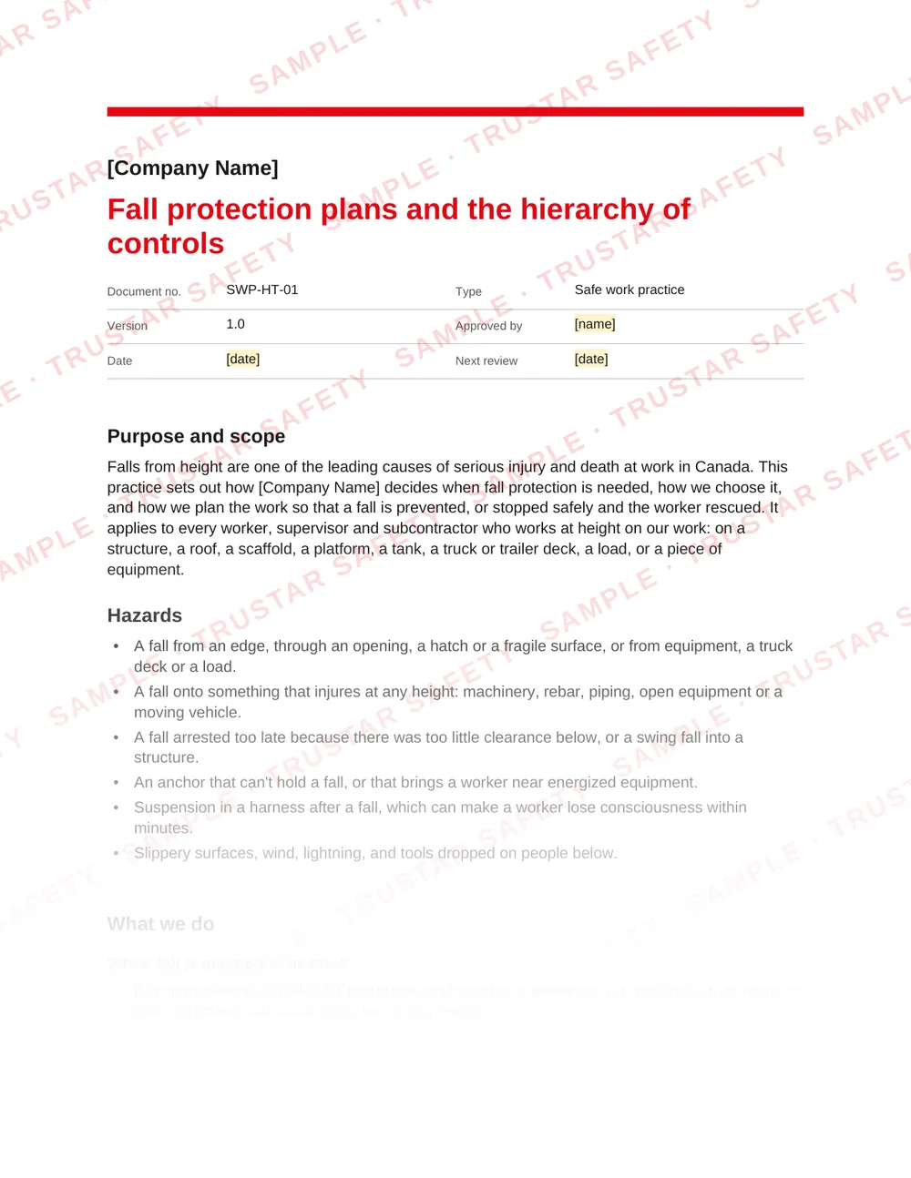 Page 1 of SWP-HT-01 Fall protection plans and the hierarchy of controls, a safe work practice in the Working at heights pack