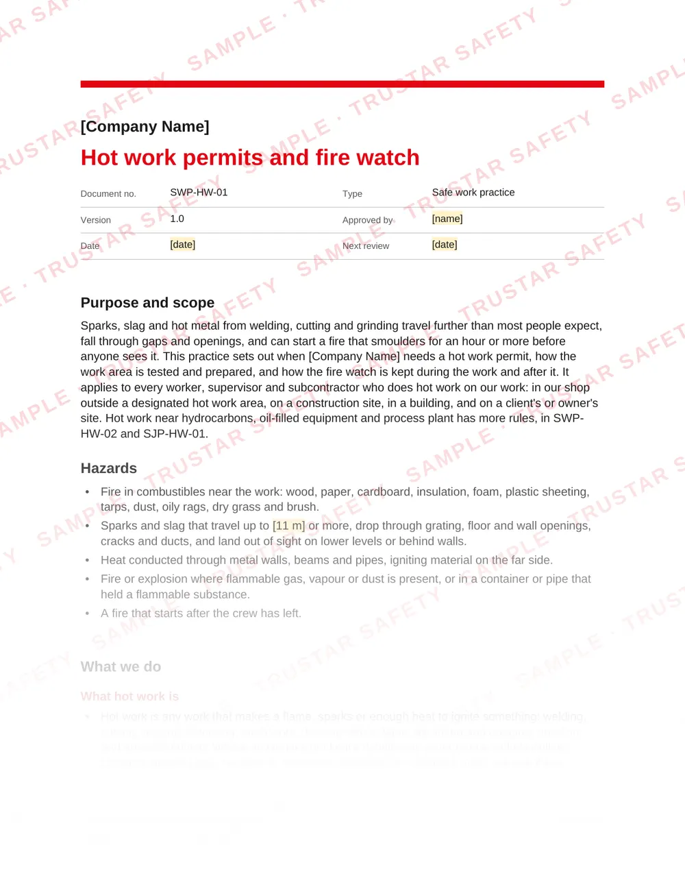 Page 1 of SWP-HW-01 Hot work permits and fire watch, a safe work practice in the Hot work and fire pack