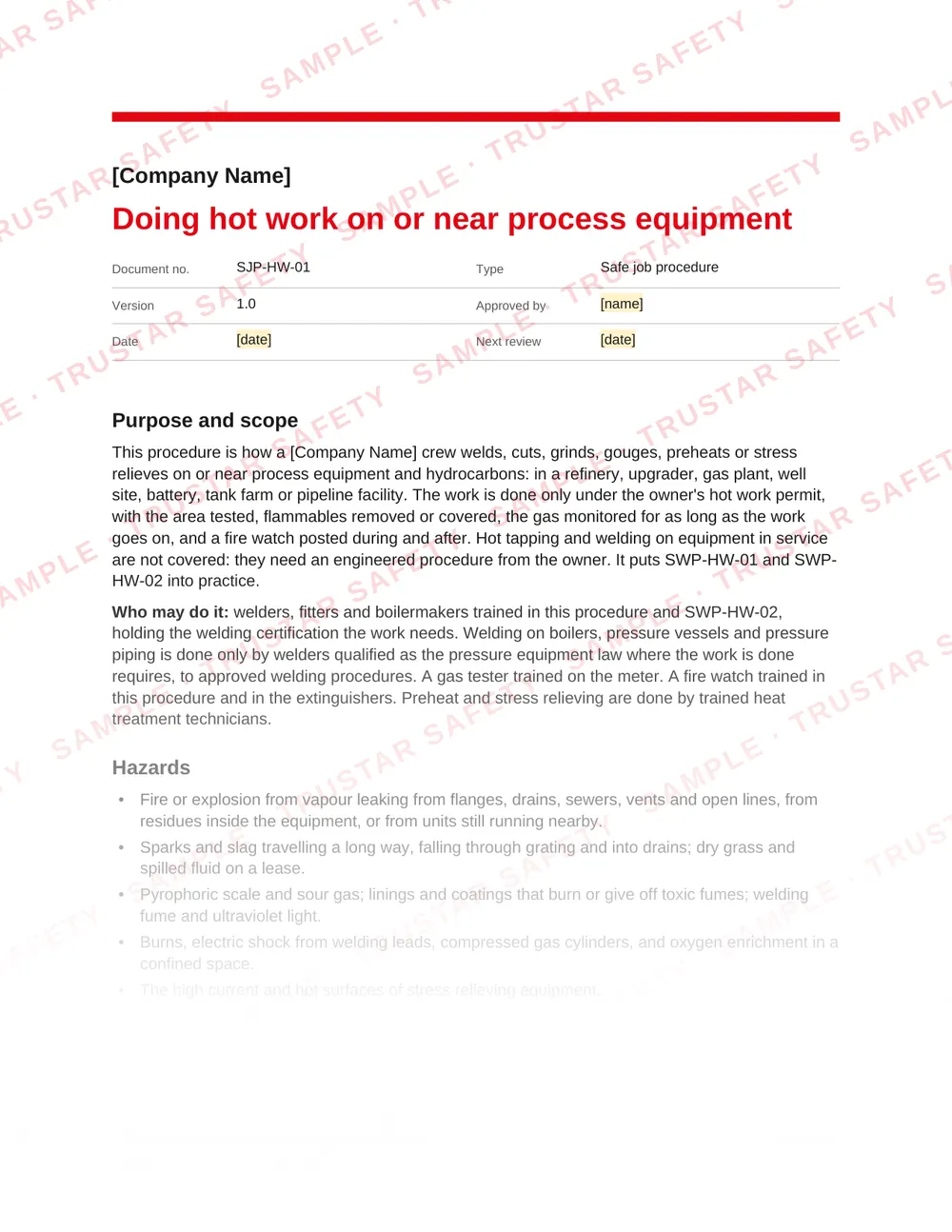 Page 1 of SJP-HW-01 Doing hot work on or near process equipment, a safe job procedure in the Hot work and fire pack