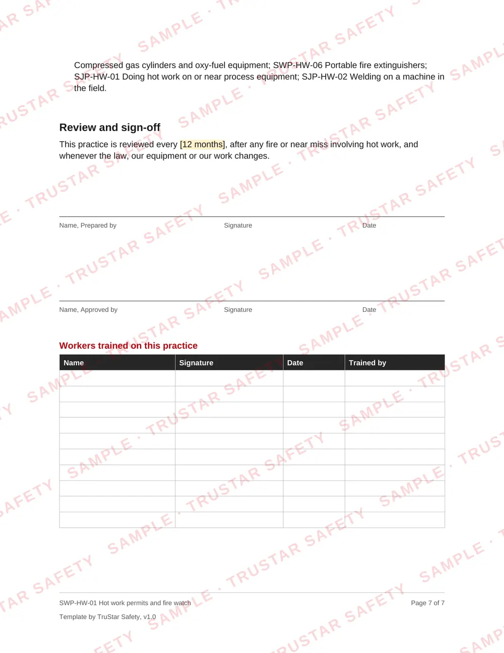 Review and sign-off page of SWP-HW-01 Hot work permits and fire watch, with the workers trained table