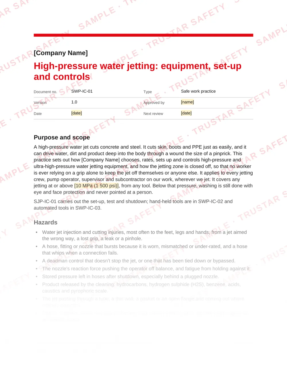 Page 1 of SWP-IC-01 High-pressure water jetting: equipment, set-up and controls, a safe work practice in the Industrial cleaning, water jetting and vacuum pack