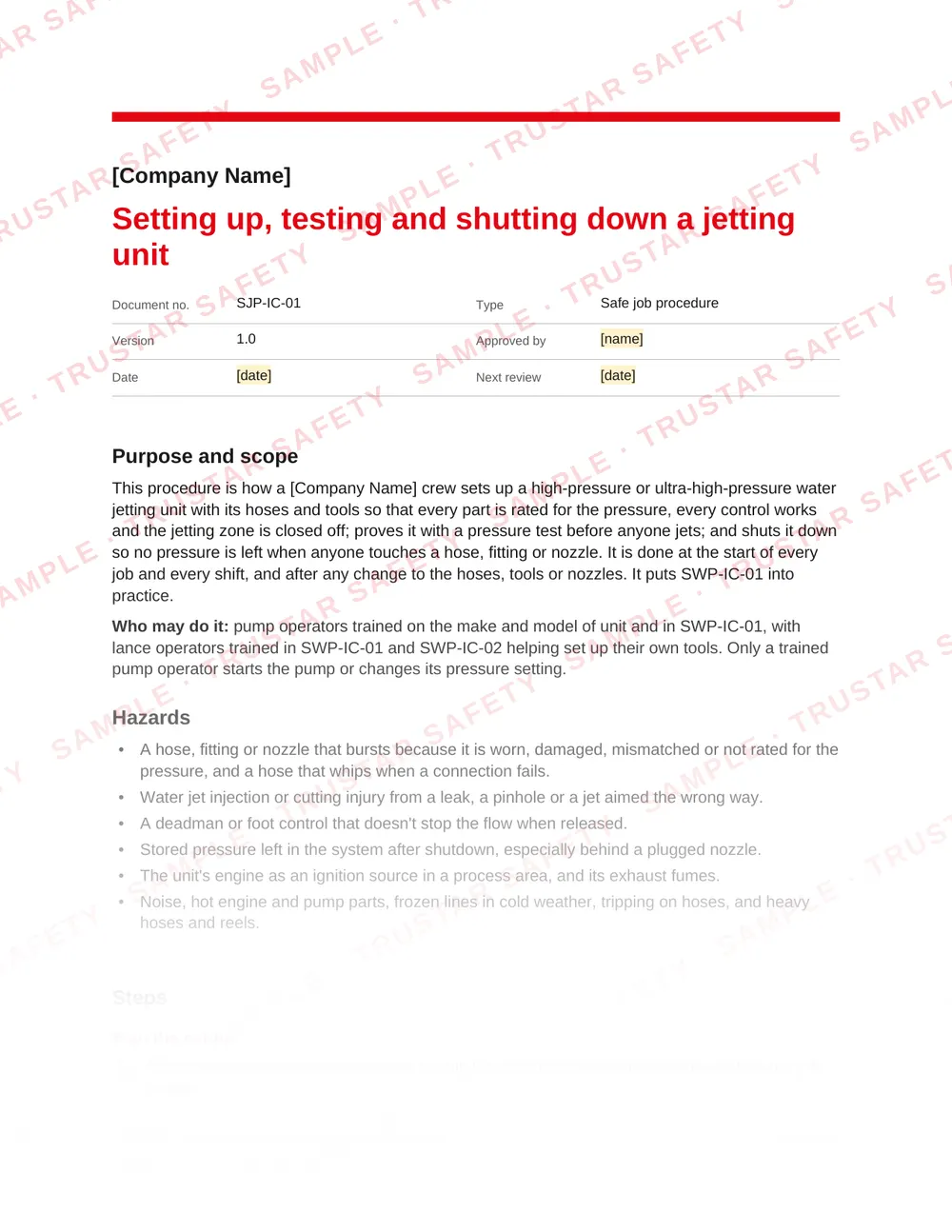 Page 1 of SJP-IC-01 Setting up, testing and shutting down a jetting unit, a safe job procedure in the Industrial cleaning, water jetting and vacuum pack