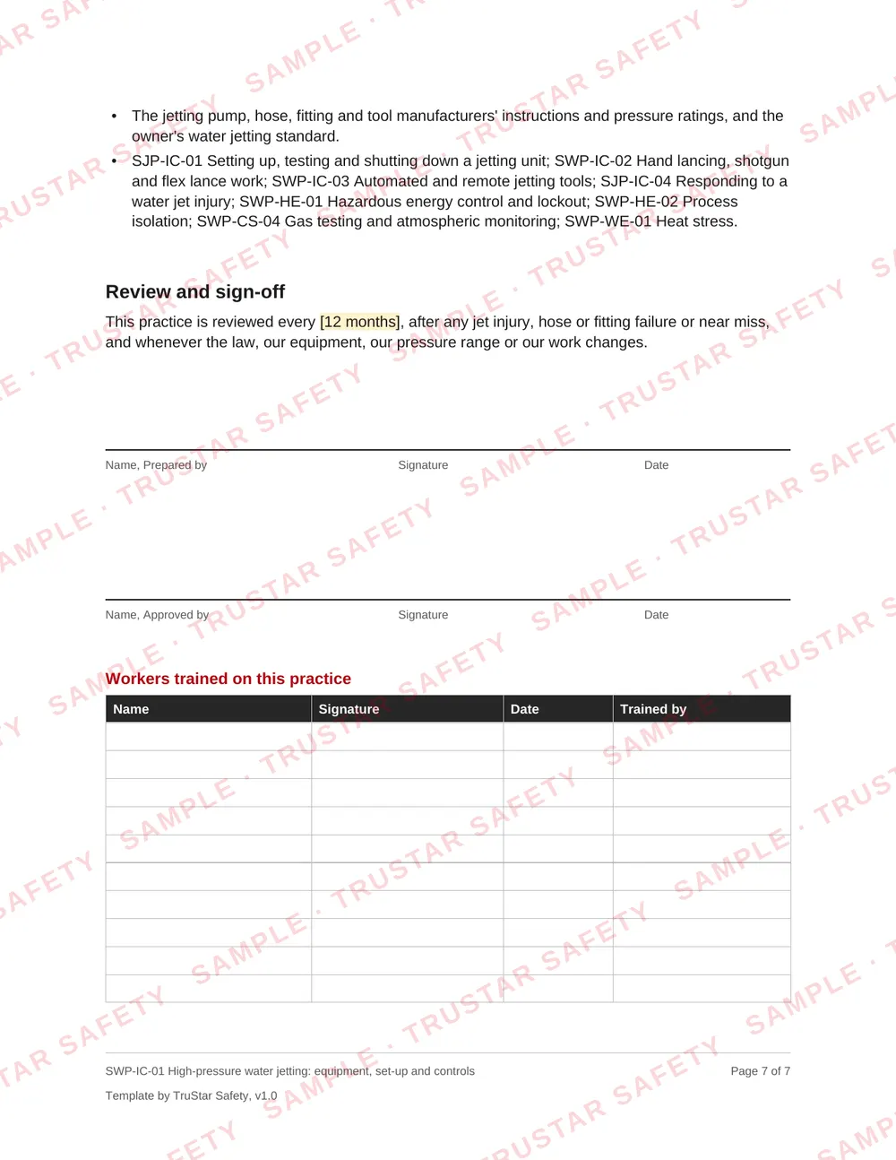 Review and sign-off page of SWP-IC-01 High-pressure water jetting: equipment, set-up and controls, with the workers trained table